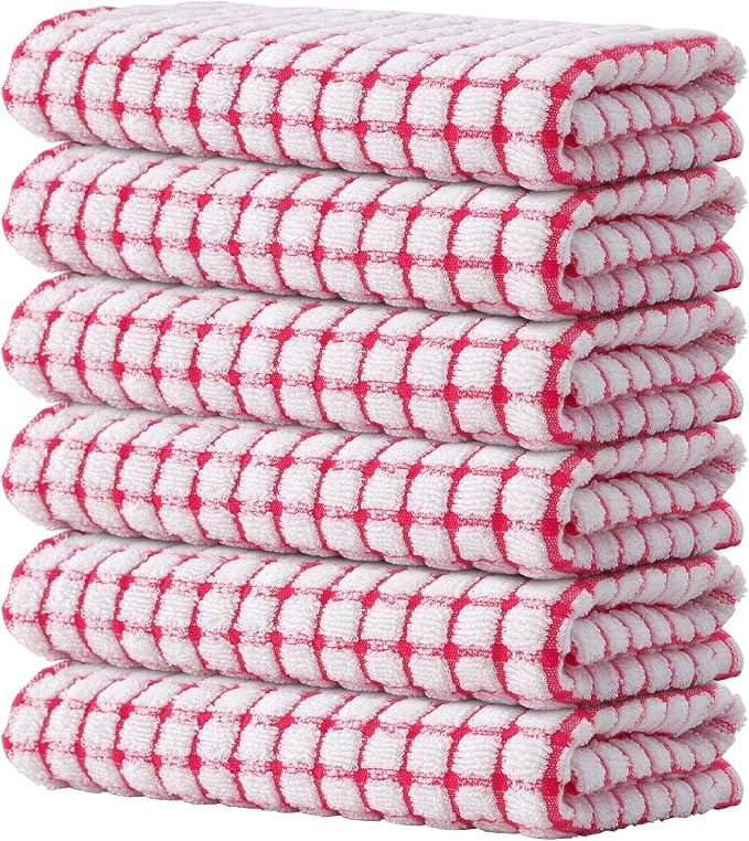 Kitinjoy Cotton 6 Pack Terry Kitchen Towels, Red | 16 x 25 Inches Super Soft and Absorbent Dish Towels, Quick Drying hand towels for kitchen Drying