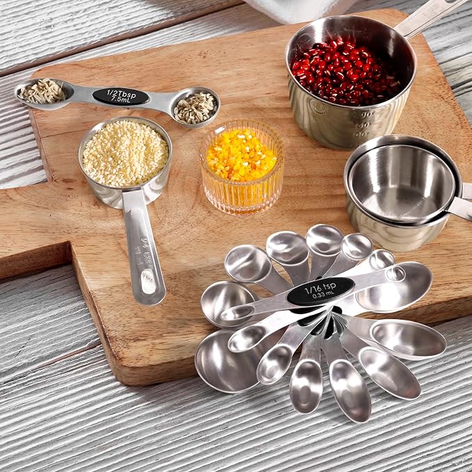 13pcs Stainless Steel Measuring Cups and Spoons Set, 8 Double-Sided Magnetic Measuring Spoons Set & 4 Metal Measuring Cups & 1 Leveler for Kitchen Dry & Liquid Cooking Baking