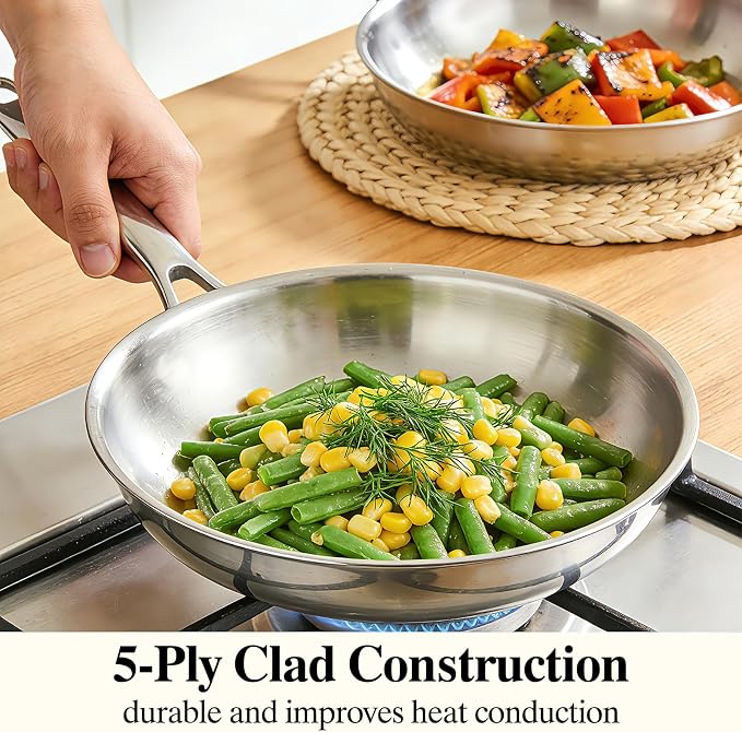 Umite Chef Stainless Steel Frying Pan Set with Lid, 3Pcs Skillet Set (Includes 8",10",12") - 5 Ply Stainless Clad - Heavy Duty & Professional Cookware Set, Fast & Even Heat, Dishwasher and Oven Safe