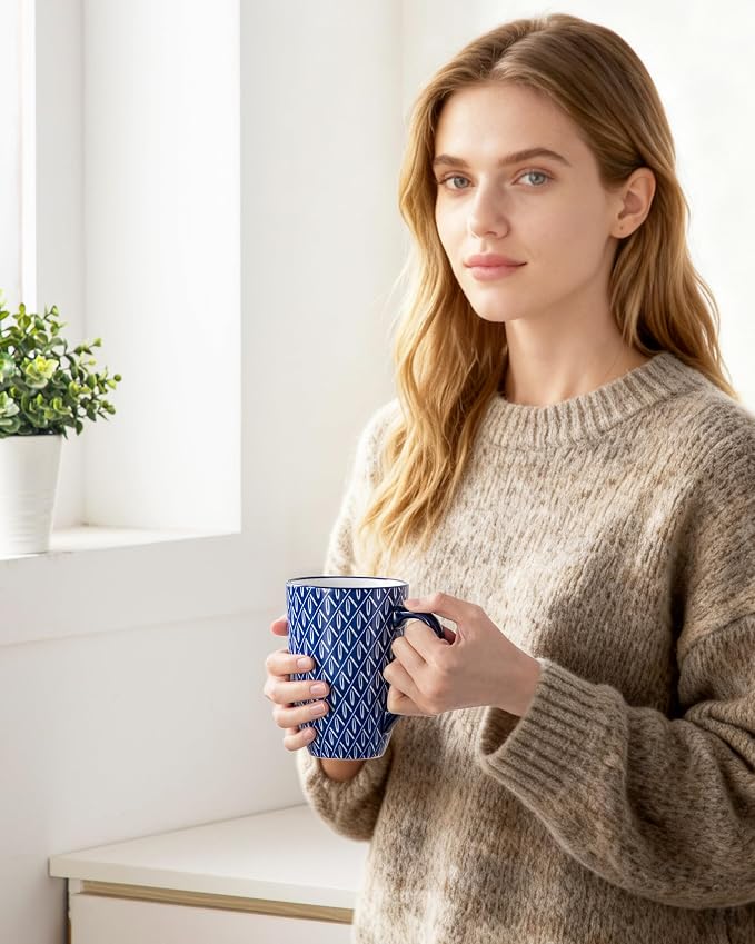 vancasso SELENE Porcelain Tea Mug, 18 oz Porcelain Tea Cup with Infuser and Lid Steeps Loose Leaf Tea, Microwave & Dishwasher Safe, Geometric Weave