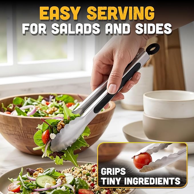 Stainless Steel Kitchen Tongs Set of 3, 7/9/12 Inch, Heavy Duty | Cooking Tongs for BBQ, Grilling, Air Fryer, Serving & Salad; Silicone Grips, Locking Ring, Hanging Loop; Metal Utensil Set