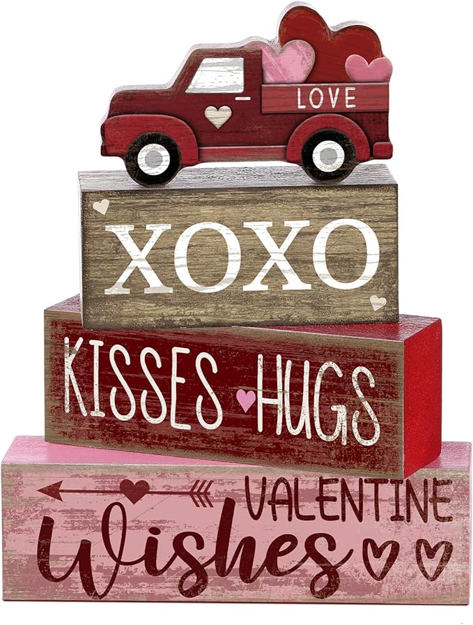 Lineshading 4 Pcs Valentine Signs, Farmhouse Truck Tiered Tray Decor | Wooden Blocks with XOXO Kisses Hugs Text, Rustic Red Truck Topper, Freestanding Tabletop Decor for Shelf Mantel Entry