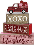 Lineshading 4 Pcs Valentine Signs, Farmhouse Truck Tiered Tray Decor | Wooden Blocks with XOXO Kisses Hugs Text, Rustic Red Truck Topper, Freestanding Tabletop Decor for Shelf Mantel Entry