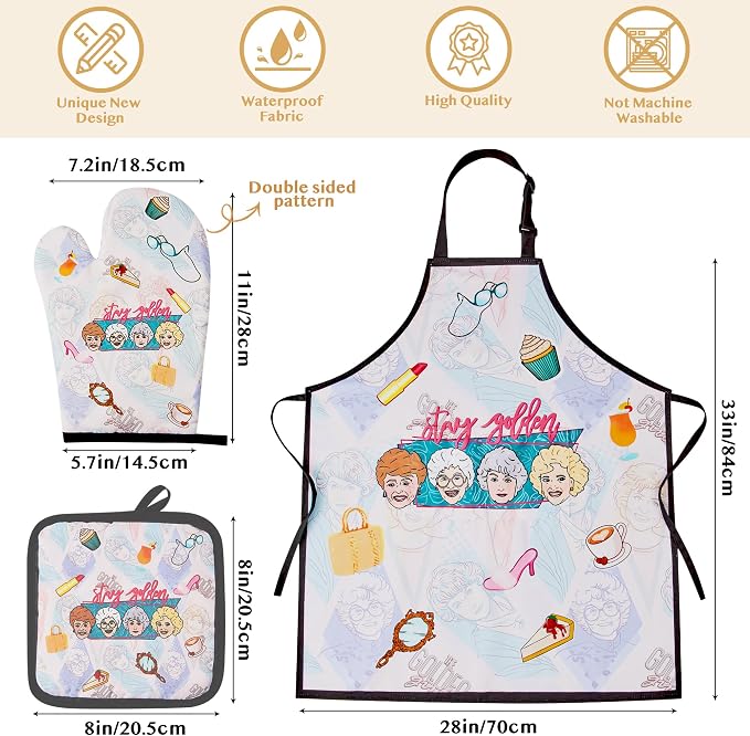 Golden Gifts for Women,Kitchen Utensils Set,Golden Wooden Cooking Spoons with Apron Oven Mitt Potholder for Fans,Great Birthday Wedding and Housewarming Christmas 8pcs