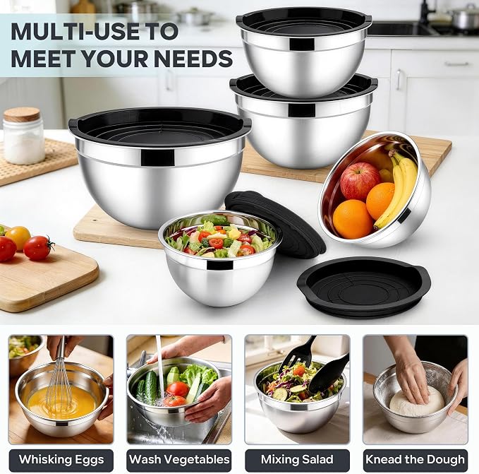 E-far Mixing Bowls with Lids Set, Stainless Steel Cooking Salad Bowl, Black | 10-Piece Metal Nesting Bowls with Airtight Lid for Kitchen Storage, Baking & Prepping, Dishwasher Safe, 0.7/1.5/2.1/3/4.6 QT