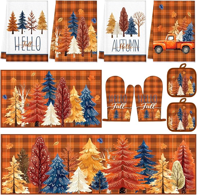 Fourluoo 10 Pcs Fall Maple Trees Kitchen Decor Set Towels Rugs Oven Mitts and Pot Holders Autumn Kitchen Accessories Set for Cooking Baking Grilling Housewarming Gift