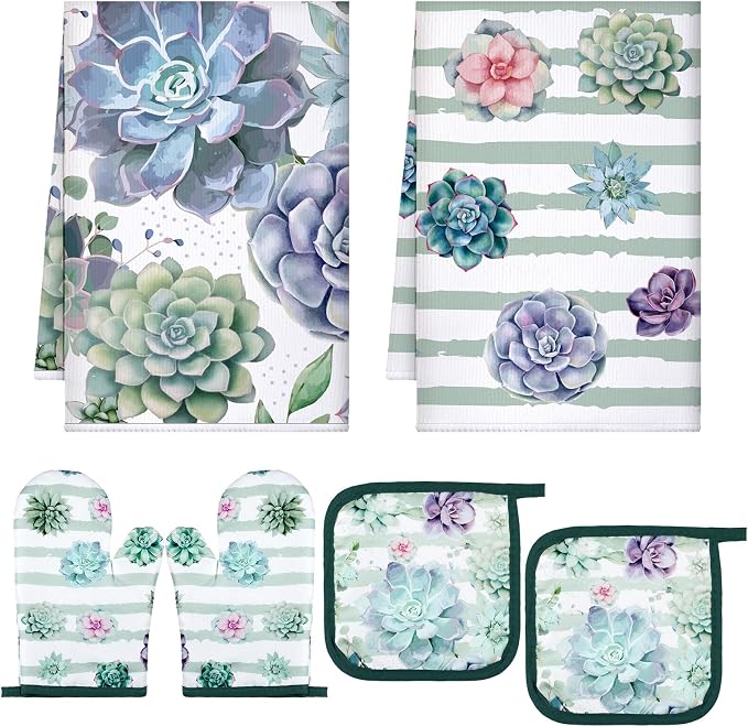 Bencailor 6 Pcs Succulent Kitchen Towels Pot Holders and Oven Mitts Set Soft Cotton Linen Dish Towel Heat Resistant Oven Mitts for Summer Kitchen Decor Cooking Baking Grilling