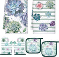Bencailor 6 Pcs Succulent Kitchen Towels Pot Holders and Oven Mitts Set Soft Cotton Linen Dish Towel Heat Resistant Oven Mitts for Summer Kitchen Decor Cooking Baking Grilling