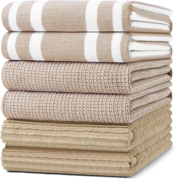 Homaxy Cotton 380 GSM Premium Kitchen Towels, 18"x 28", 6 Pack, Khaki | Soft and Absorbent Terry Dish Towels, Multipurpose Tea Towel Set with Hanging Loop, 3 Styles Kitchen Hand Towels