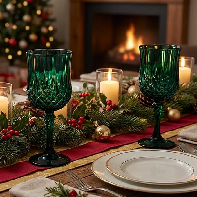 24Pack Plastic Wine Glasses, 7oz Vintage Goblets for Wedding | Unbreakable Crystal Style Reusable Stemware, Elegant Dark Green Drinking Glass for Party Anniversary & Holiday Celebration