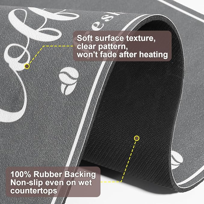 CooRug Fashion Coffee Mat, Dish Drying Mat 16" x 24" Dark Grey | Hide Stain, Absorbent, Coffee Bar Accessories, Heat Resistant, Non-slip, Eco-friendly, Easy to Clean