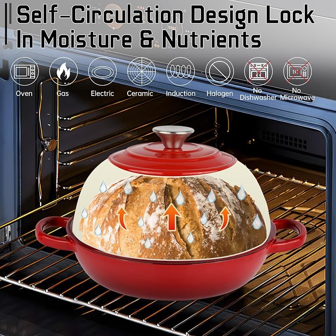 Enameled Cast Iron Bread Oven Dutch Oven Pot with Lid Bread Dutch Oven Red | for Sourdough Bread Baking, 6 Quarts 10" Bread Pan with Dome Lid, Non-stick Cookware for Homemade Bread