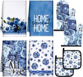 Leinuosen 8 Pcs Blue Rose Kitchen Towels and Dishcloths Sets Oven Mitts and Pot Holders Sets Absorbent Kitchen Gloves Potholders Heat Resistant for Chef Baking Cooking