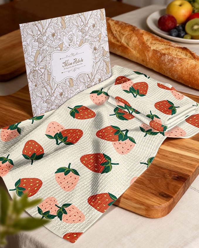 370GSM Cotton Waffle Kitchen Towels, Strawberry | Pure Cotton, Sustainable, Waffle Weave, Terry Cloth, Highly Absorbent, Decorative, 16"x25", with Hanging Loop