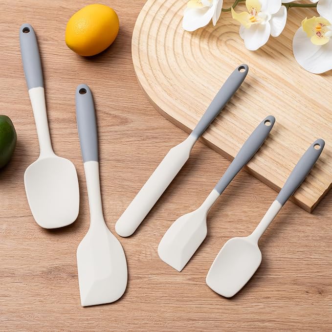 Silicone Spatula Set,5 Piece Food Grade Rubber Spatulas,Gray+White | Spatulas Silicone Heat Resistant for Baking,Cooking,and Mixing High Heat Resistant Non Stick Dishwasher Safe BPA-Free