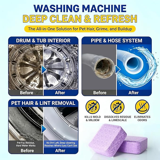 Washing Machine Cleaner,Formulated for Pet Owners,Purple 15 Pack | 1+Year Supply,Compatible with HE, Top & Front Load Washer,Septic Safe,Fresh Scent,Removes Residue,Remove Stubborn Pet Hair