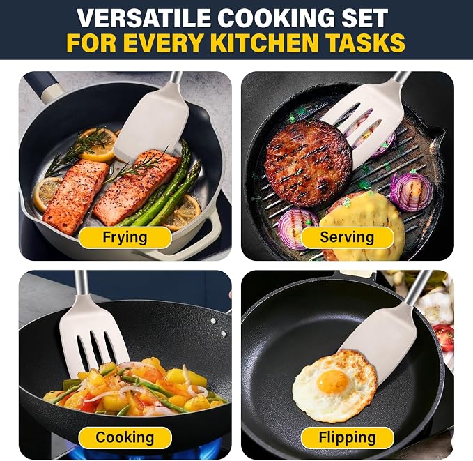 2 Pack Silicone Spatula Set, Solid & Slotted Turner for Non-Stick Pans, High Heat Resistant Silicone Spatula for Cooking, BPA-Free Stainless Steel Cooking Utensils for Fish, Eggs, Pancakes, Khaki