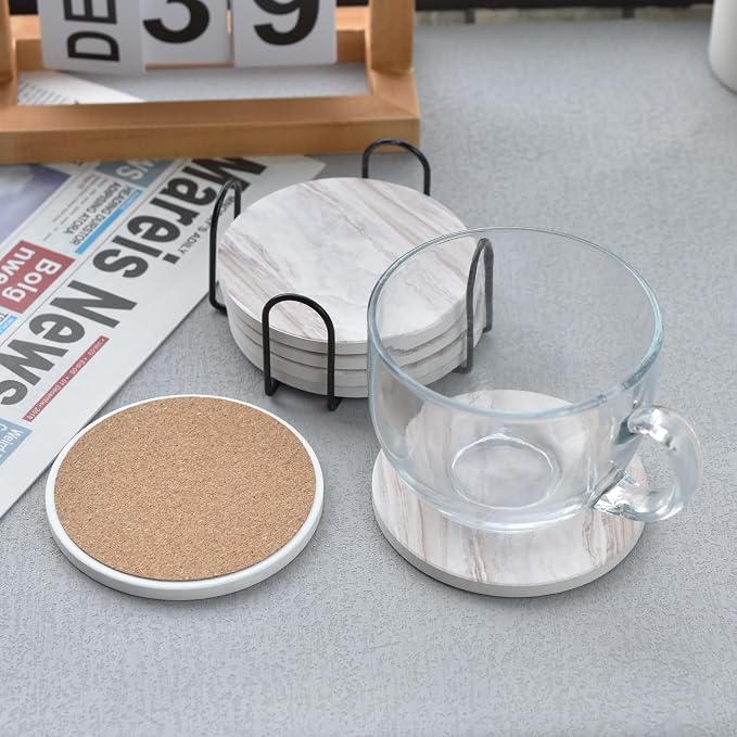 6Pcs Absorbent Coasters Set with Holder,Ceramic Drink Coaster,4 in（A1） | Marble Style Ceramic Drink Coaster,Suitable for Kinds of Cups,Modern Style Coaster for Coffee Table
