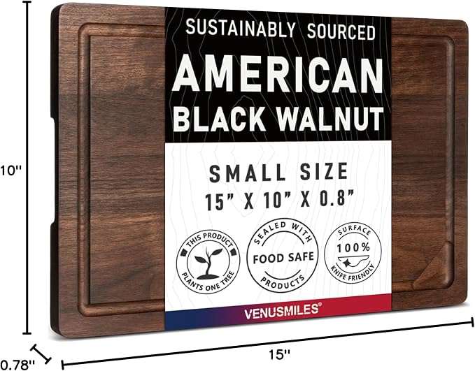 Walnut Wood Cutting Board for Kitchen with Deep Juice Groove & Side Handles, 15”L x 10”W x 0.8”H, Handcrafted North American Black Walnut Wood Grain, Small Chopping Board, Reversible Butcher Block
