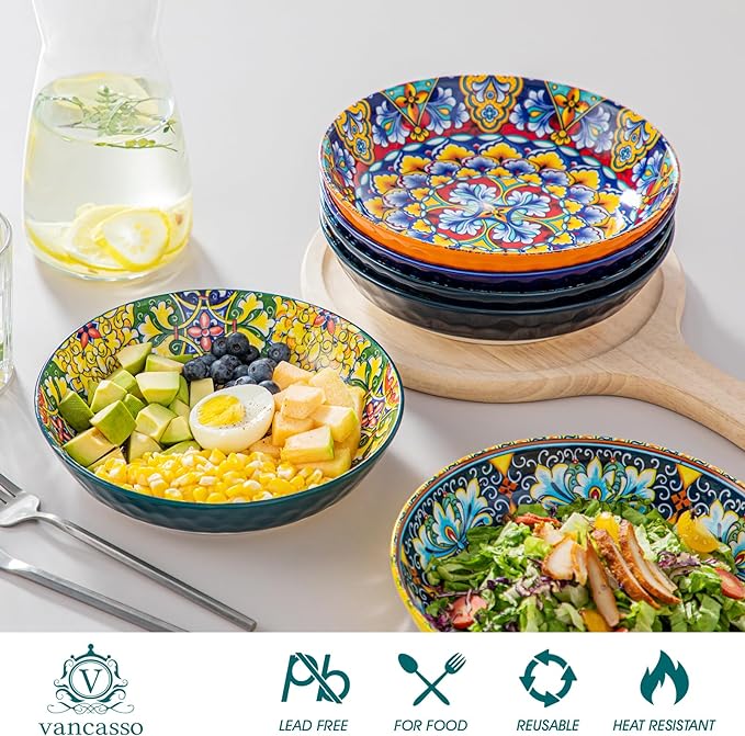 vancasso 32 Oz Pasta Bowls Set of 6, Ceramic Bohemian Soup Salad Bowls | Dishwasher and Microwave Safe Ceramic, Large 11.5 Inch Colorful Glazed Finish, Versatile Serving Bowls for Cereal and Dining