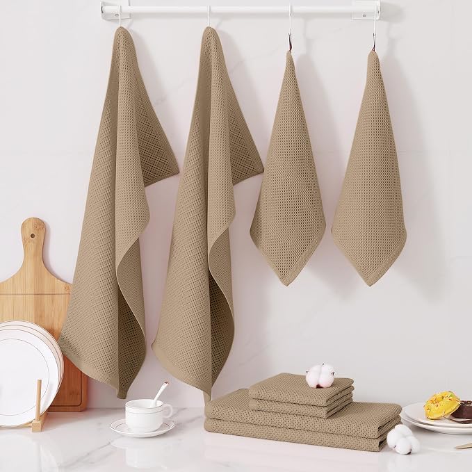 Homaxy 10 Pack 100% Cotton Kitchen Towels and Dishcloths Set, Tan | 12 x 12 Inches and 13 x 28 Inches Kitchen Towels Set, Ultra Soft Absorbent Dish Cloths for Washing Dishes