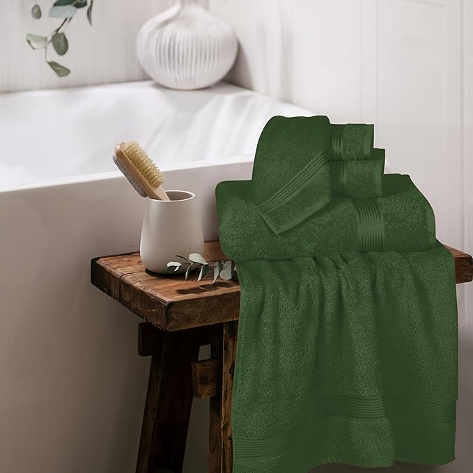Ultra Soft 6 Pack Cotton Towel Set, Contains 2 Bath Towels 28x55 inch, 2 Hand Towels 16x24 inch & 2 Wash Coths 12x12 inch, Ideal Everyday use, Compact & Lightweight - Olive Green