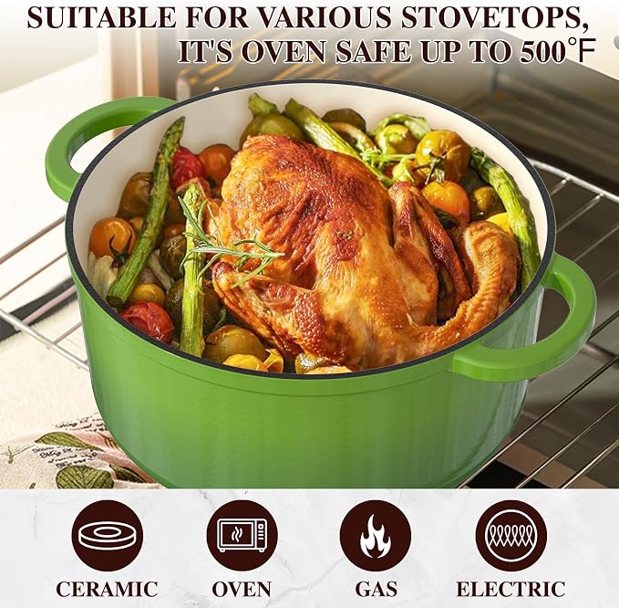 Umite Chef 7QT Enameled Cast Iron Dutch Oven with Lid & Cotton Potholders–Heavy-Duty Cookware for Bread Baking, Braising, Stews, Marinate, Cook,Refrigerate & Serve(Green)