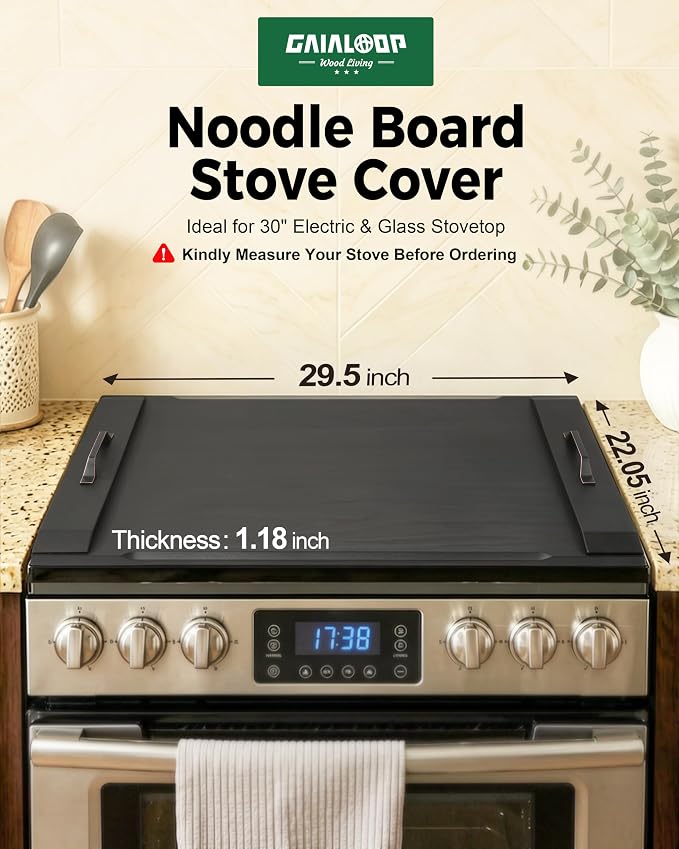Gaialoop Noodle Board Stove Cover for Glass Electric Stovetop with Handles | Black Acacia wood stovetop cover adds counter space, elevates your kitchen, and protects most 30" glass top electric stoves