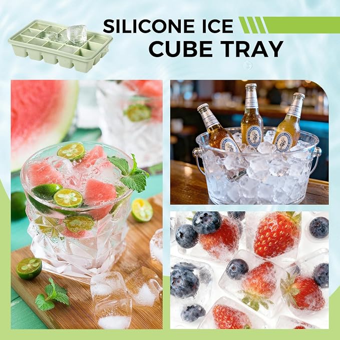 4 Pack Silicone Ice Cube Trays, Easy Release Ice Trays for Freezer with Lid | Reusable and Stackable Ice Trays for Freezer for Cocktail, Whiskey, Baby Food, BPA Free (green)
