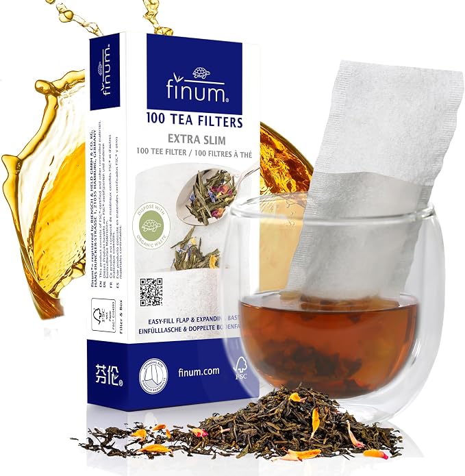 Finum Disposable Paper Tea Filter Bags for Loose Tea, White, Extra Slim, 100 Count
