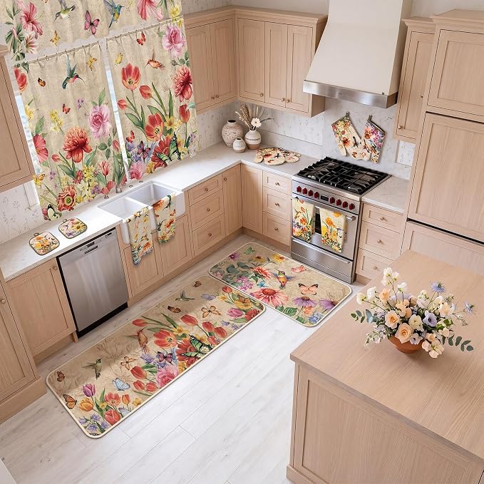 13 Pcs Wildflowers Grass Kitchen Decor Set 3 Hummingbird Kitchen Curtains Valance 2 Spring Rugs and Mats 4 Towels 2 Pot Holders 2 Oven Mitts for Home Cooking Grilling Housewarming Gift
