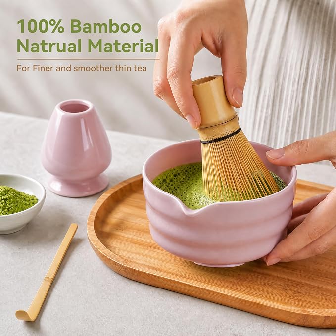 Matcha Whisk Set with Elegant Pink Ceramic Bowl - Complete Matcha Making Kit, Bamboo Whisk (Chasen), Holder, Matcha Sifter, Scoop, Traditional Tea Ceremony Tools