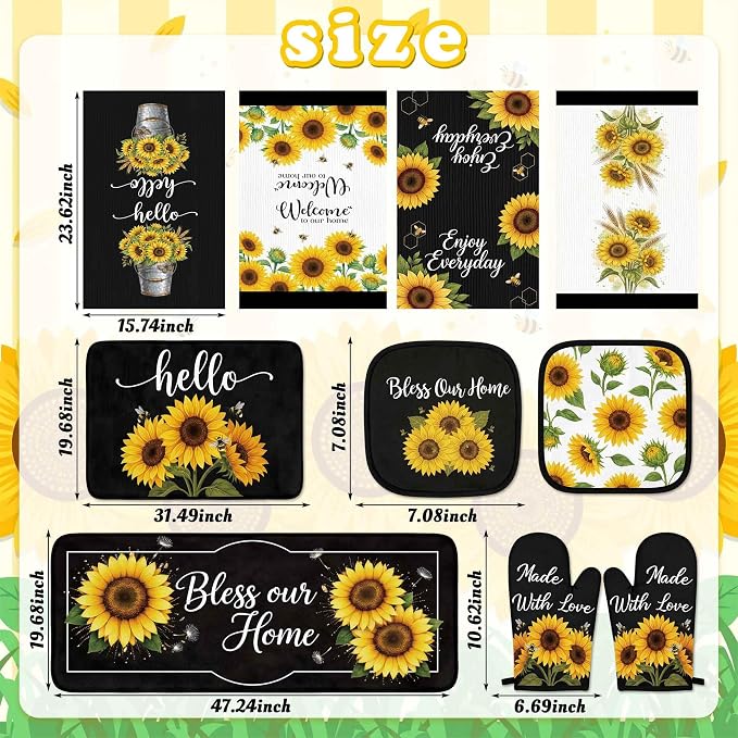 Tieshankao 10Pcs Sunflower Kitchen Decor Accessories Set | Sunflower Floral Theme, Kitchen Towels, Oven Mitts, Pot Holders, Rugs and Mats, Baking Supplies, Housewarming Gifts