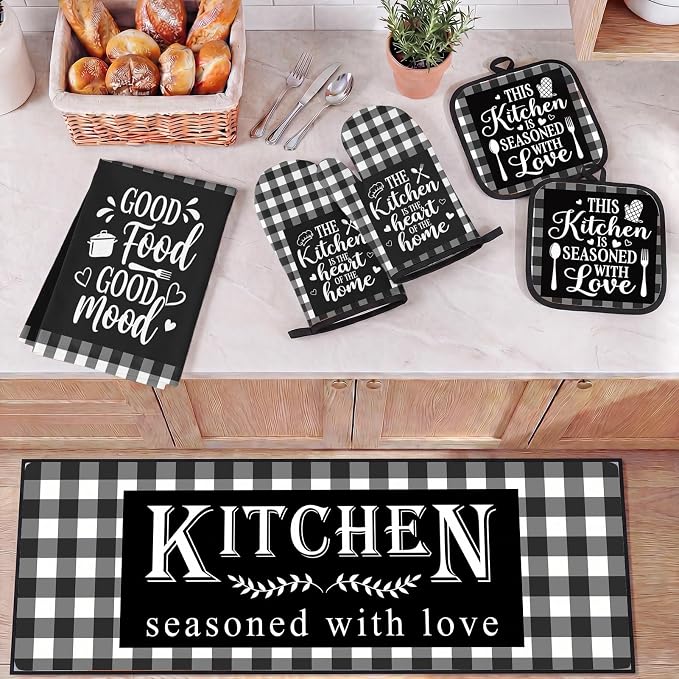 10 Pcs Kitchen Decor and Accessories Set, Plaid Checkered Buffalo | Black 4 Dish Towels Kitchen Rugs 2 Oven Mitts 2 Pot Holders, Home Decor for Cooking Baking BBQ Gifts Women Mom Housewarming