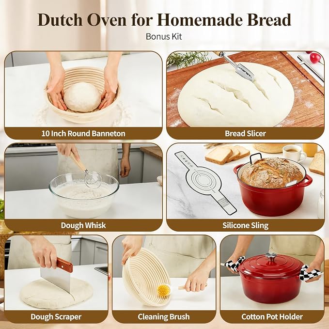 Enameled Cast Iron Dutch Oven pot 6.5 QT with Lid for Bread Baking | Cookware incl. Sourdough Bread-Baking Supplies like Banneton, Dough Whisk, Gloves, Oven Safe for Stews, Roasting, Cherry Red