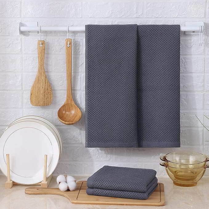 Kitinjoy 100% Cotton Waffle 6-Pack Kitchen Towels, 13" x 28", Dark Grey | Super Soft, Ultra-Absorbent, Fast Drying, lightweight, Quick Drying Kitchen Hand Towels