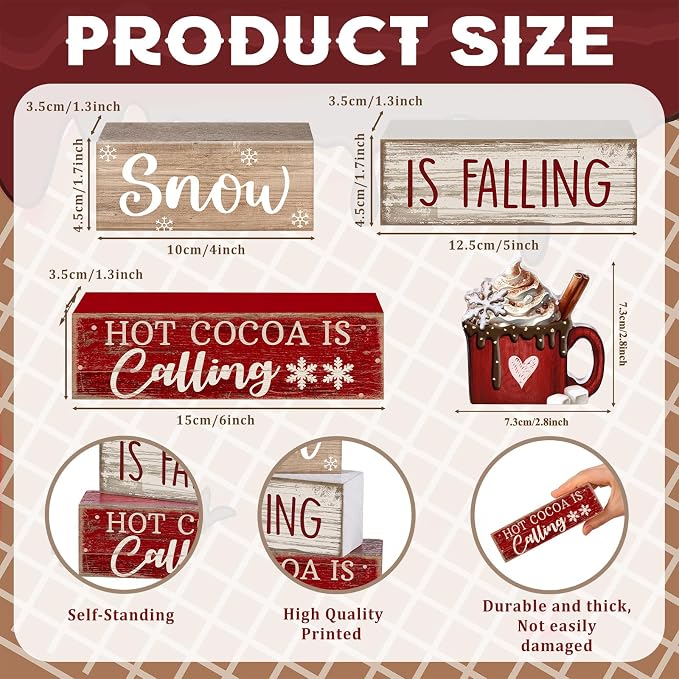 Lineshading 4 Pcs Winter Tiered Tray Set, Hot Cocoa Wood Block Signs | Rustic Farmhouse Decor for Christmas, Wooden Snow Theme Signs with Mug Topper, Layered Tabletop Display, Cozy Winter Accents