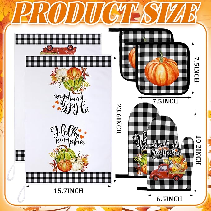 Leinuosen 6 Pack Fall Thanksgiving Kitchen Set with 2 Hello Pumpkin Dish Towels, 2 Buffalo Plaid Pot Holders and 2 Car Oven Mitts for Gifting, Baking, and Cooking Accessories