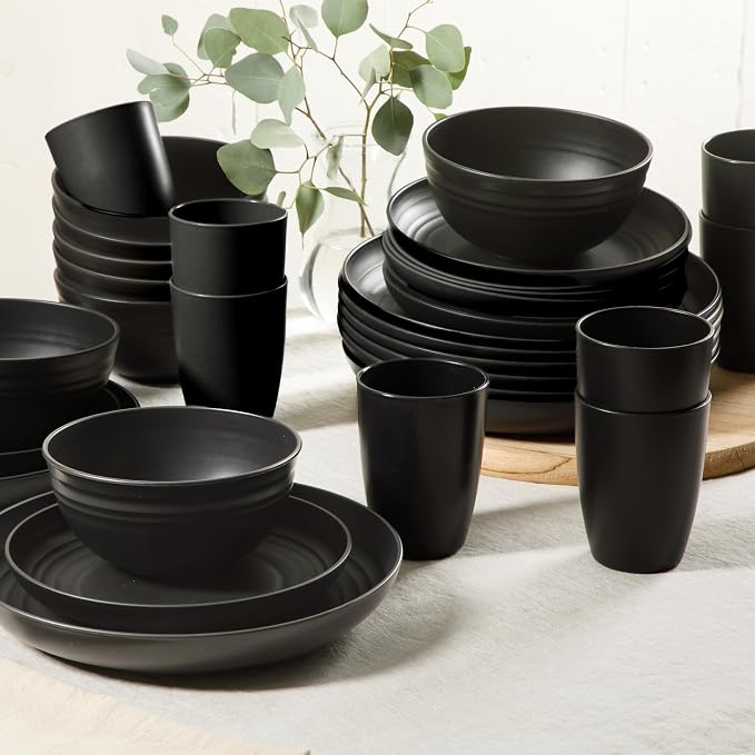 Gibson Home Plates and Bowls Set, 32 Piece Wheat Straw Dinnerware for 8 | Carmel Haze Collection - Dishes, Dishware, Matte Black, Tumblers, Unbreakable, Lightweight, Dishwasher Safe