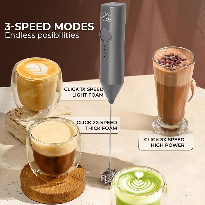 Zulay Kitchen Rechargeable Milk Frother Handheld - Frother Wand, Drink Mixer, Electric Whisk Frother, for Cappuccinos, Matcha & Protein Powder - Dynamic Triple Whisk, 3 Speed 500mAh Charcoal Gray