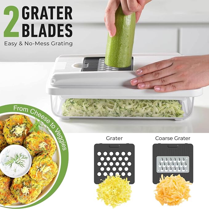 Mueller Vegetable Chopper Mandoline Slicer, Food Veggie Chopper | Cheese Grater, Onion Vegetable Cutter with Container, Dicer, Kitchen Gadgets & Essentials, White Sand/Grey