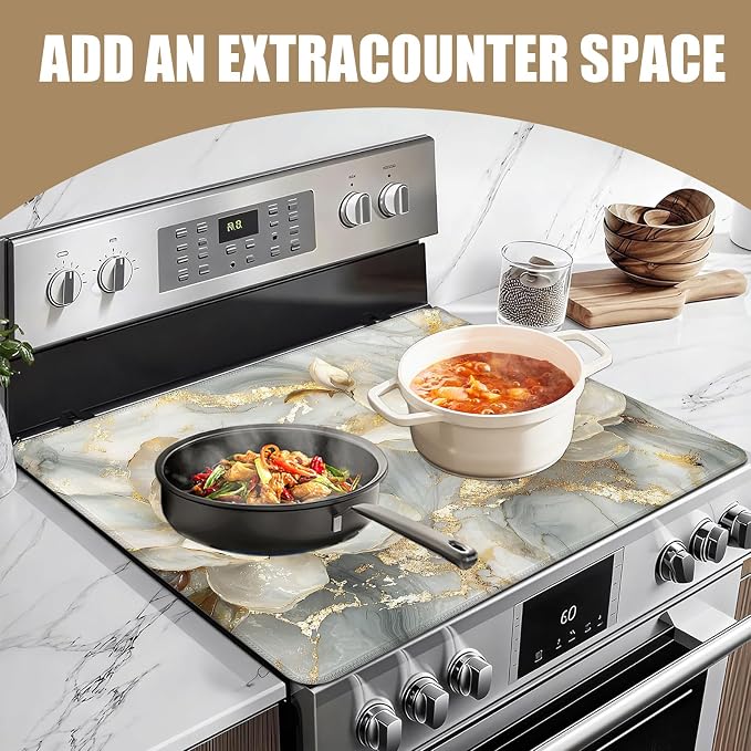 Magnolia flower Stove Top Covers for Electric Stove,Gold Marble Electric Gas Stove Pad Heat Resistant Range Cooktop Protector for Home Decor Kitchen 28"x20"