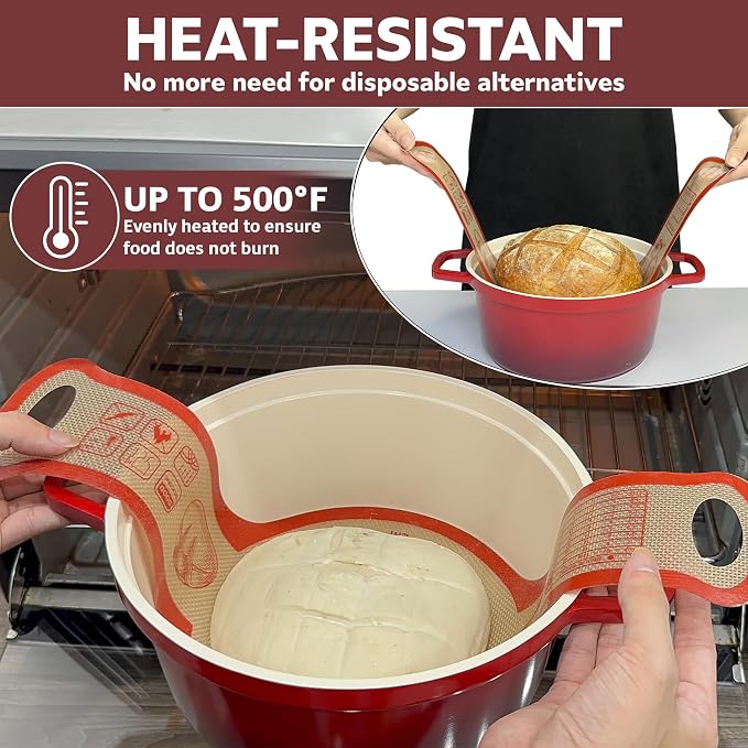 Silicone Bread Sling for Dutch Oven, 2 PCS Non-Stick Reusable Bread Baking Mats with Long Handles, Seamless Design Easy to Transfer Sourdough Sling Silicone Sourdough Sling Dough (Round Red, Gray)