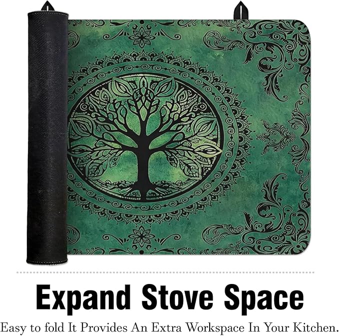 Tree of Life Stove Top Cover for Electric Stoves,Boho Bohemian Mandala Green Nature Stove Top Cover for Kitchen Decor,Heat Resistant Cooktop Protector Mat,Non-Slip Washable Dish Drying Mat 28"x20"
