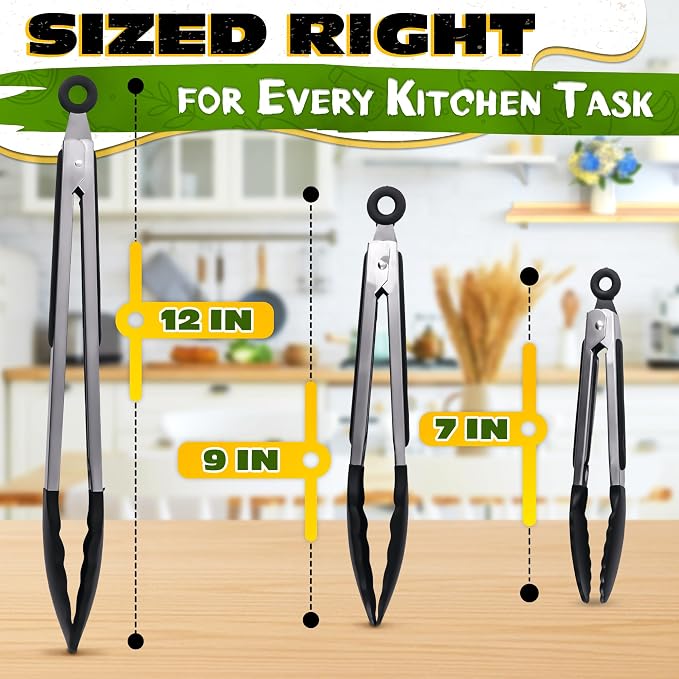Kitchen Tongs Set of 3, 7/9/12 in, Stainless Steel (Black) | Cooking Tongs with Silicone Tips, Easy-Lock, Heat Resistant, Won't Scratch Pans, Dishwasher Safe, for Grilling, Salad & Pasta