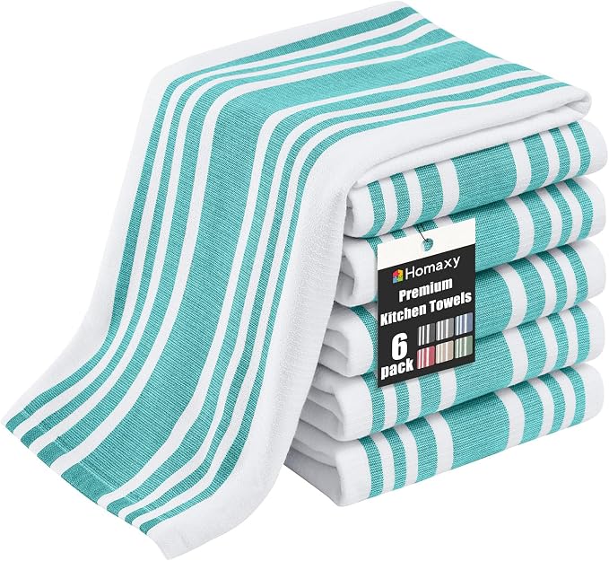 Homaxy Premium Cotton Stripe Kitchen Towels 6 Pack, 18"x 28", Teal | Large 380 GSM Kitchen Hand Towels, Soft Terry Dish Towels, Highly Absorbent Tea Towel Set with Hanging Loop