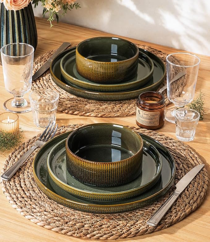 Ceramic Dinnerware Set for 4, 12-Piece Plates and Bowls Set | Lightweight Porcelain Dish Set, Scratch Resistant, Oven & Microwave & Dishwasher Safe, Olive Green