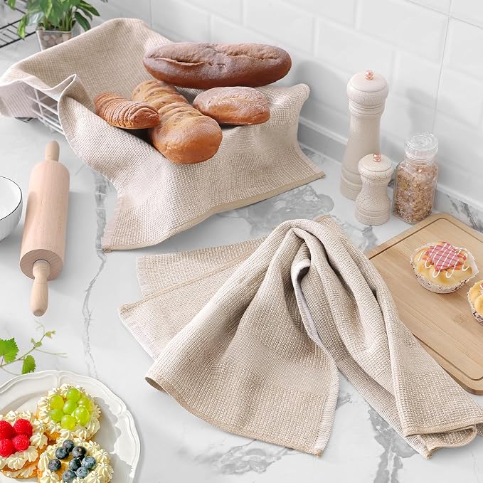 Homaxy 380 GSM Cotton Premium Kitchen Towels 6 Pack, 18"x 28", Khaki | Flat and Terry Dish Towels, Highly Absorbent Tea Towel Set with Hanging Loop, Soft Utility Kitchen Hand Towels