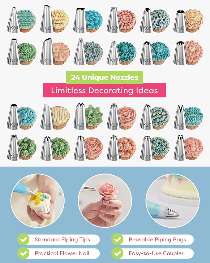 Kootek 32 Piping Bags and Tips Set Frosting Piping Kit for Beginners & Pros | Storage Case, Baking Supplies Tools, 24 Icing Tips, 2 Reusable Piping Bags, 3 Scrapers, for Cupcake Cookie Cake Decorating
