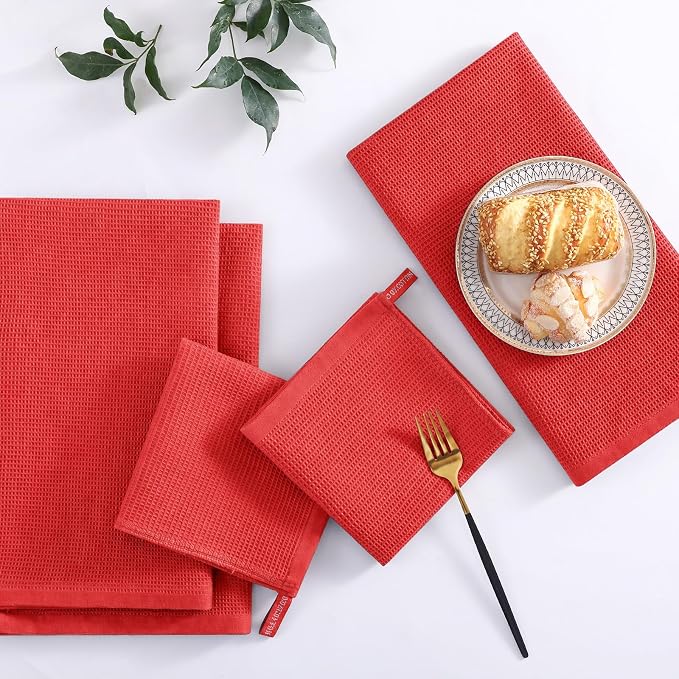 Homaxy 100% Cotton Waffle Weave Kitchen Towels, 4 Pack, Red | Soft and Absorbent Dish Towels, 16 x 26 Inches Quick Dry Hand Towels